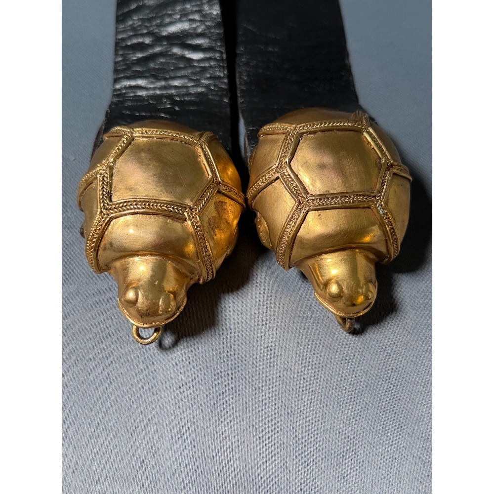 Vtg Black Leather Brass Turtle Head Clasp Waist Belt Statement Accessory
